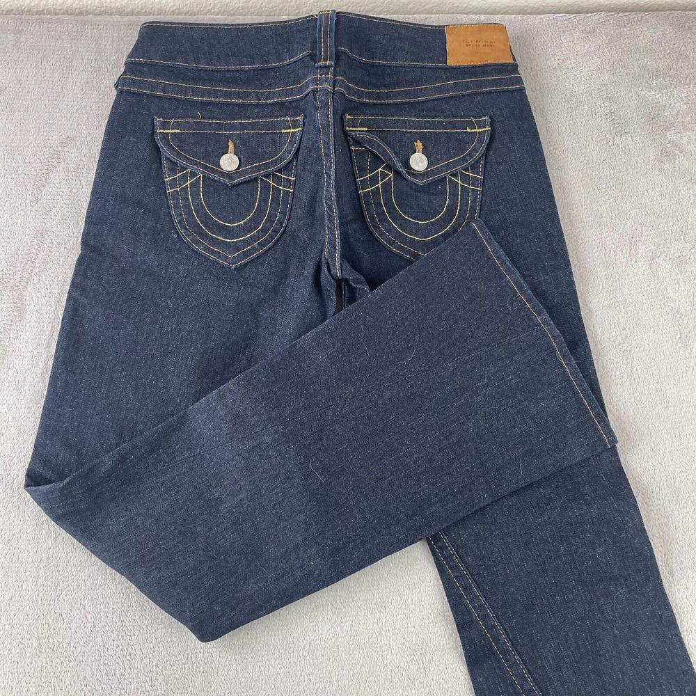 True Religion Flared Joey Jeans Women 31 (Fits 32x34) Dark Blue Wash USA‎ NWOT